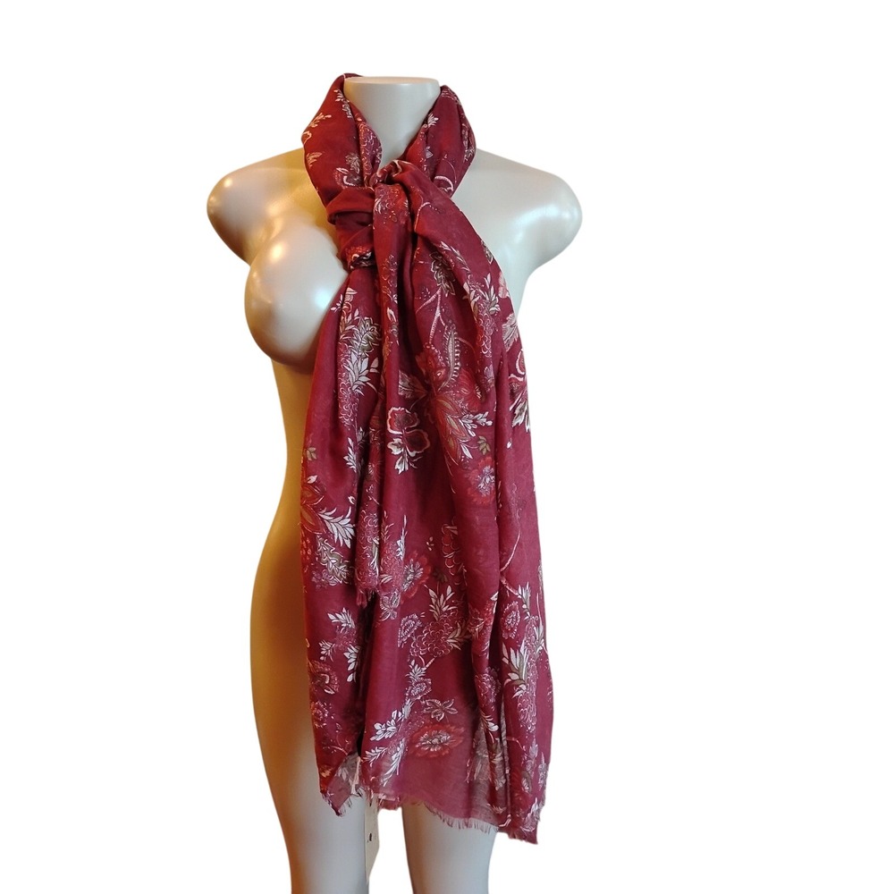 Melifluos Women Burgundy Floral Paisley Viscose Scarf Wrap Shawl Frayed Edge NWT